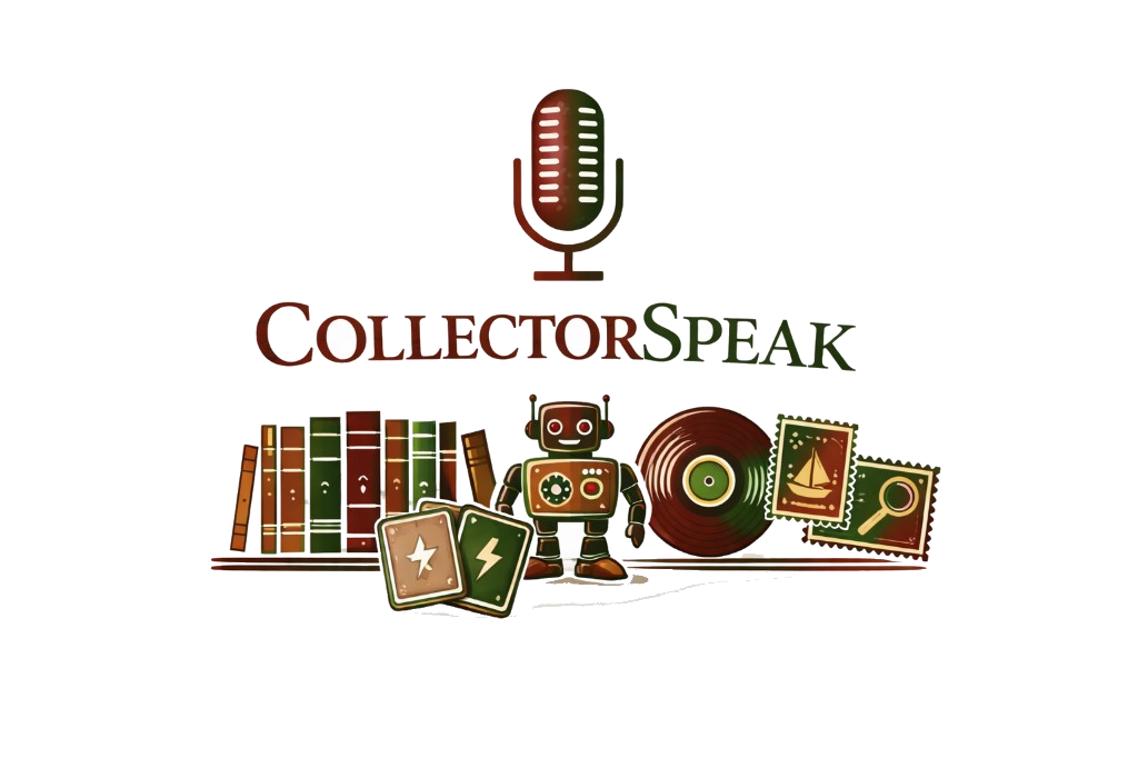CollectorSpeak — microphone, books, vinyl, cards, stamps, and AI robot